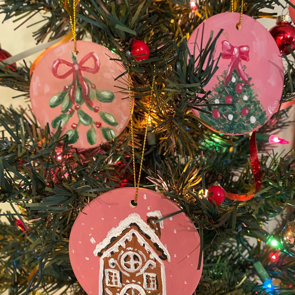 Hand painted ceramic Christmas ornaments.